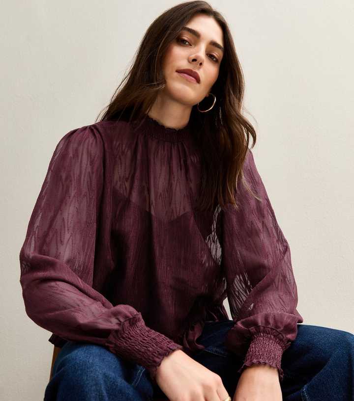 Burgundy Textured Chiffon High Neck Blouse
