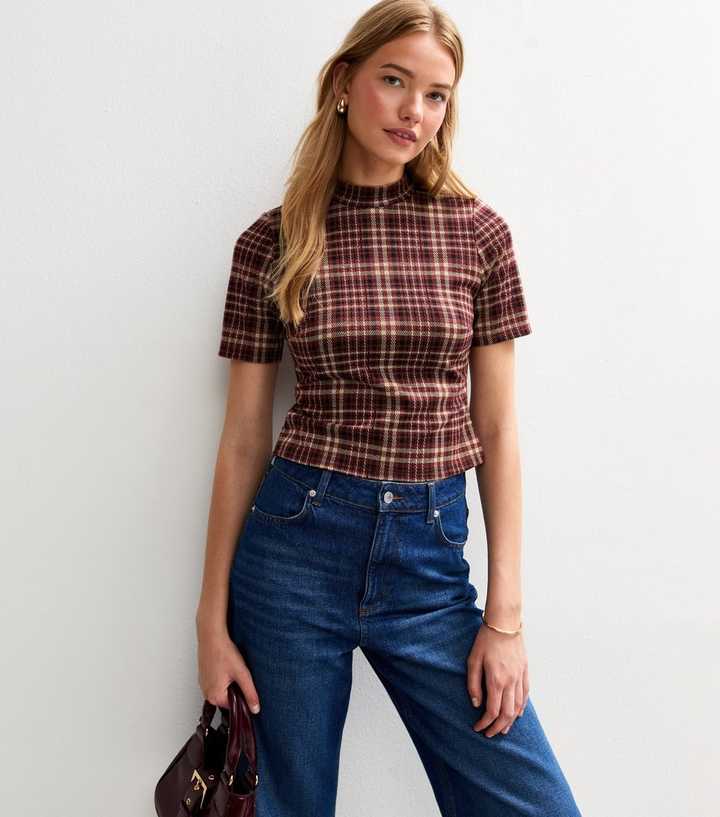 Red Checked High Neck Top