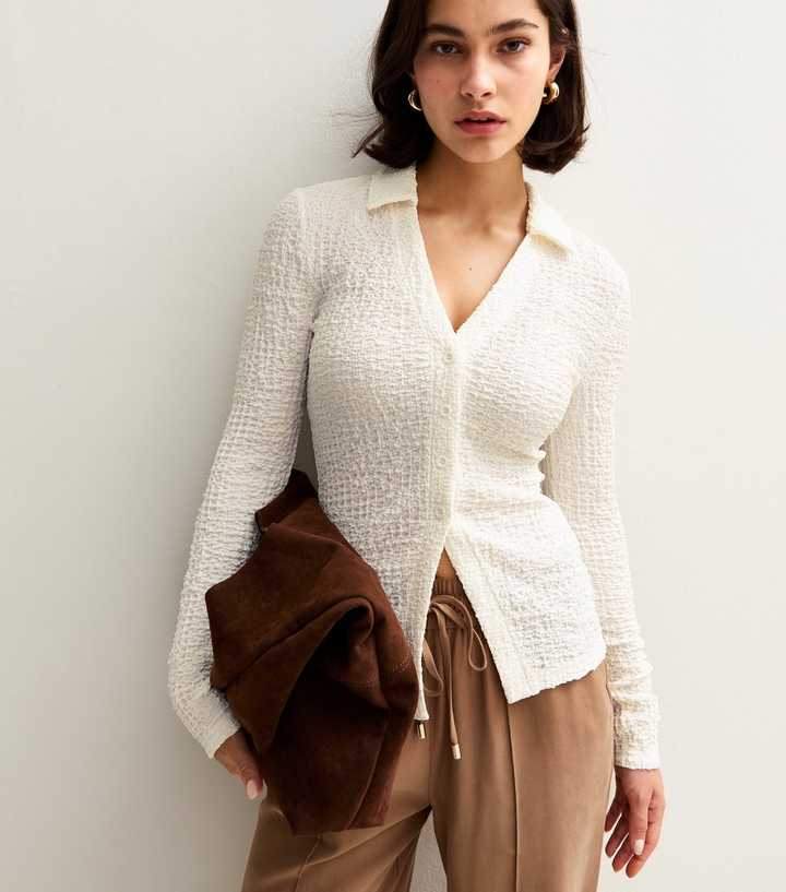 Cream Textured Jersey Collared Long Sleeve Top