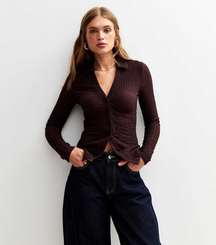 Brown Textured Jersey Collared Long Sleeve Top