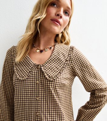 Brown Gingham Check Frill Collar Blouse New Look