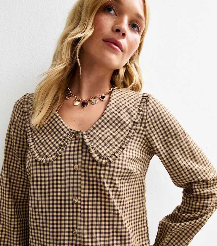 Brown Gingham Check Frill Collar Blouse