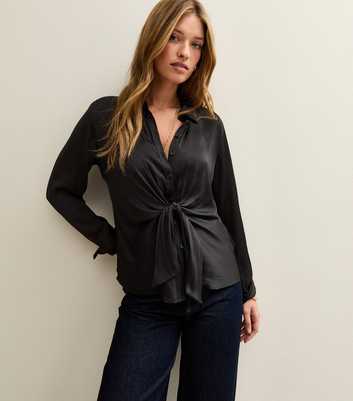 Black Tie Front Satin Long Sleeve Shirt
