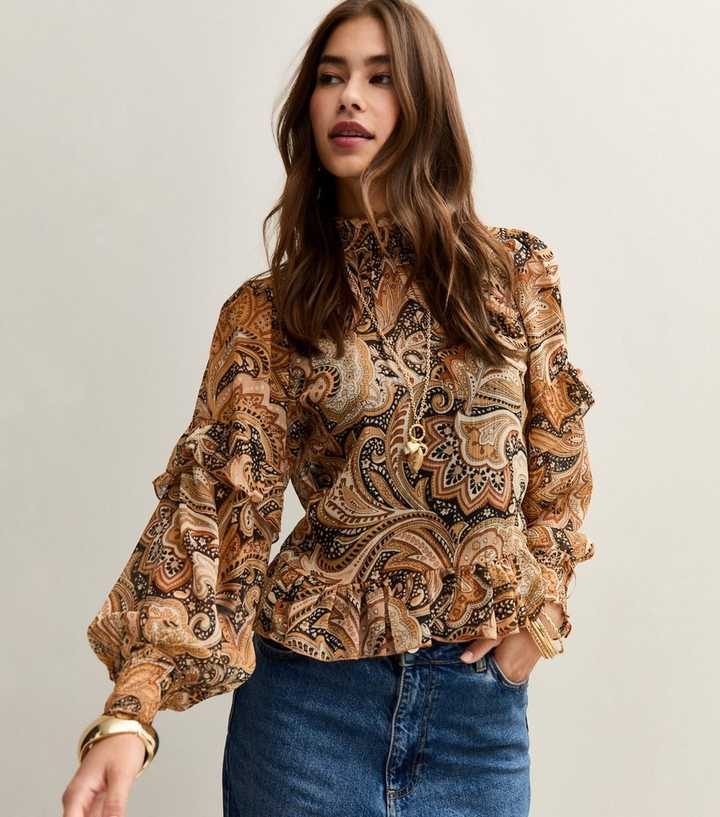 Brown Paisley Print Frilly Trimmed Blouse