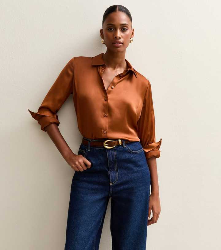 Rust Satin Long Sleeve Shirt