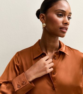 Rust Satin Long Sleeve Shirt | New Look