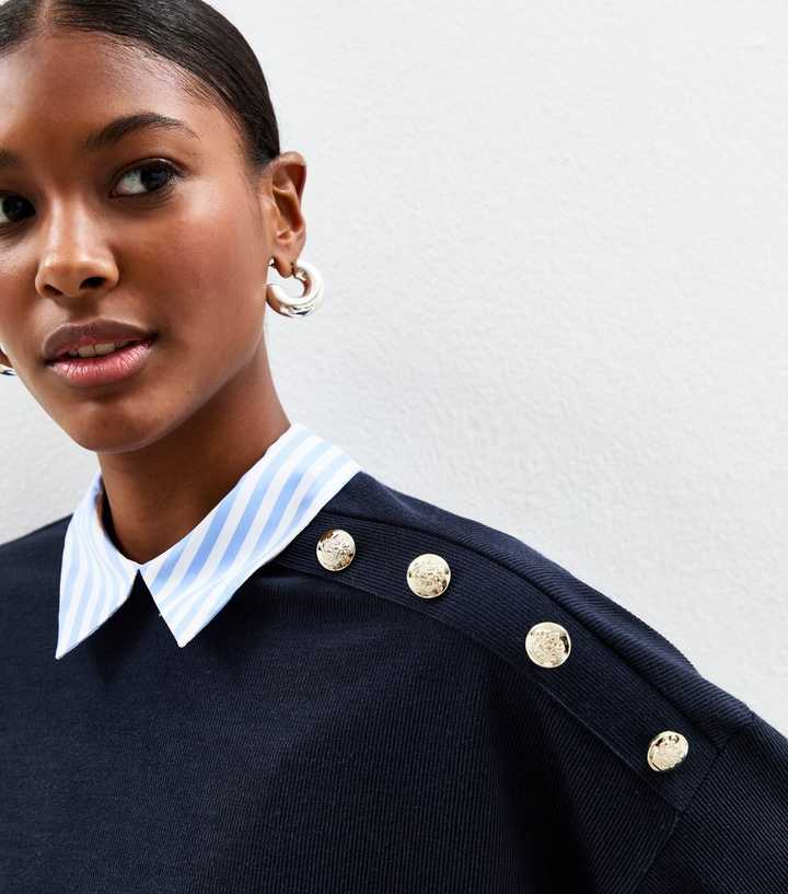 Navy 2 In 1 Striped Shirt Ribbed Jumper