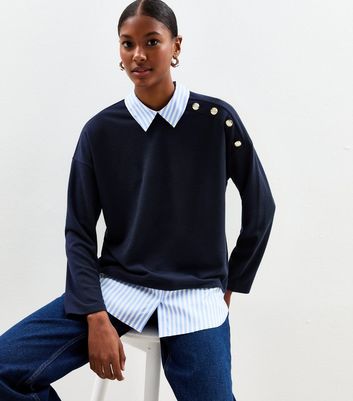 Navy In Striped Shirt Ribbed Jumper New Look