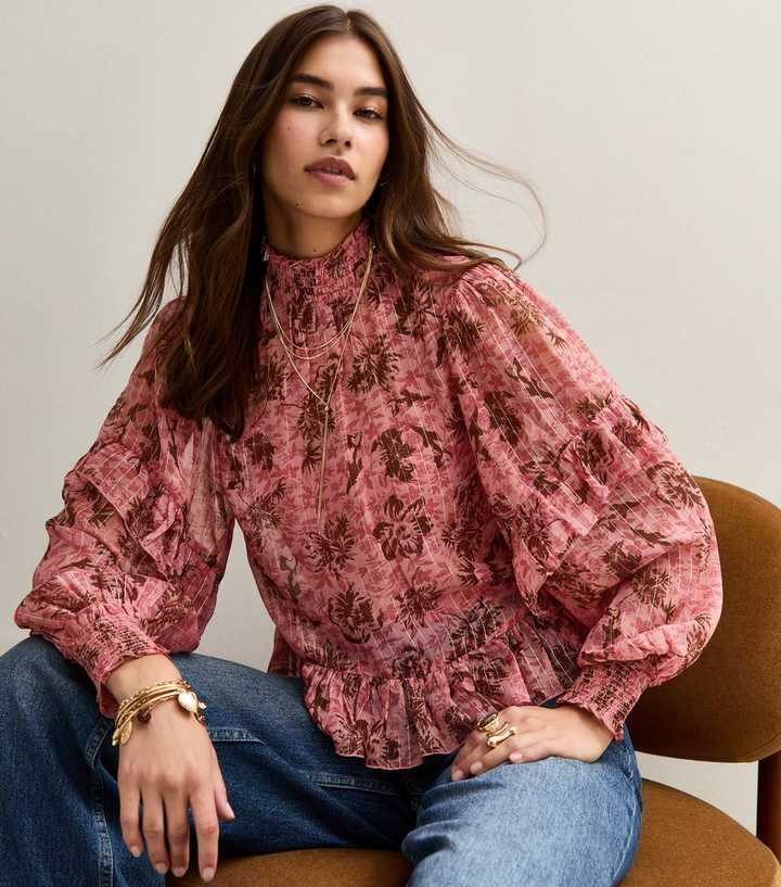 Pink Floral Trim Ruffle Trimmed Blouse