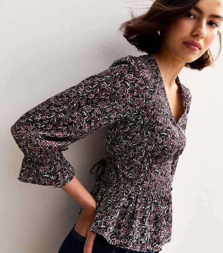Black Floral Print V-Neck Blouse | New Look