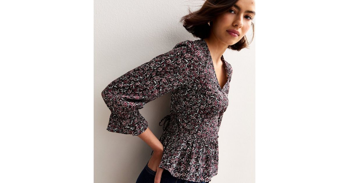 Black Floral Print V-Neck Blouse | New Look