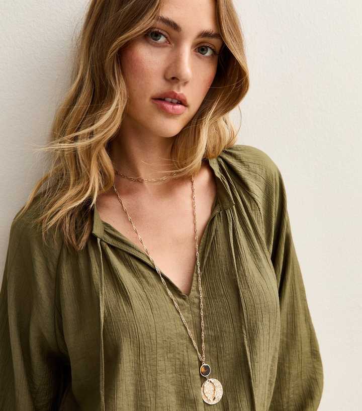 Khaki Tie Neck Long Sleeve Blouse