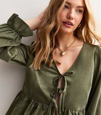 Khaki Green Corduroy Tie Front Peplum Shirt