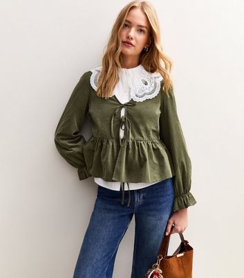 Khaki Green Corduroy Tie Front Peplum Shirt | New Look
