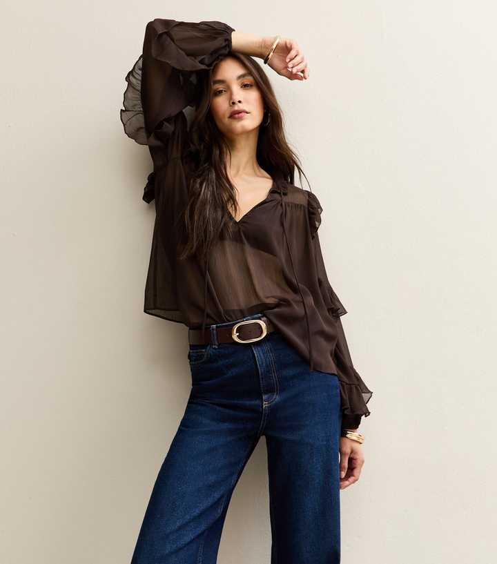 Brown Chiffon Tie Neck Blouse