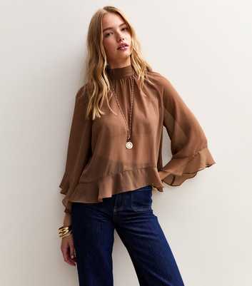 Brown Ruffle Chiffon High Neck Asymmetrical Blouse