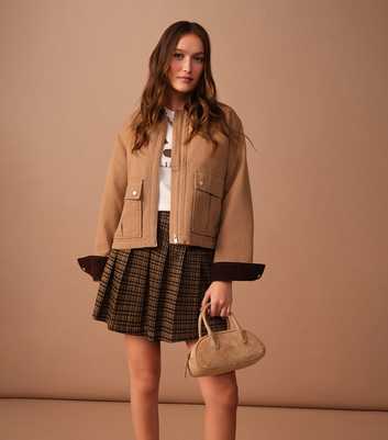 Brown Check Pattern Pleated Mini Skirt