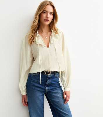 White Frill Trimmed High Tie Neck Blouse