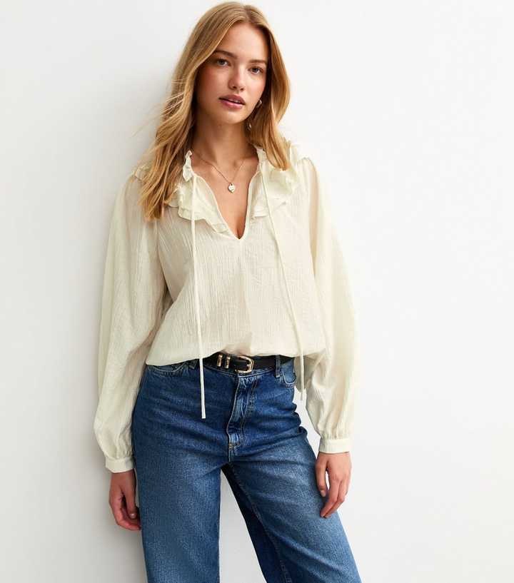 White Frill Trimmed High Tie Neck Blouse