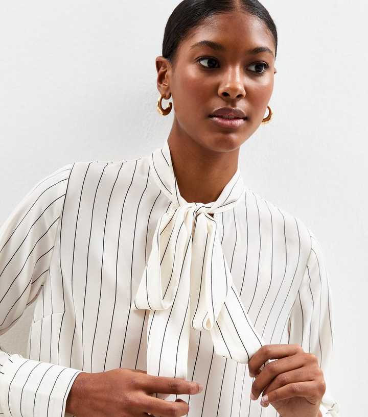 White Stripe Print Pussybow Blouse
