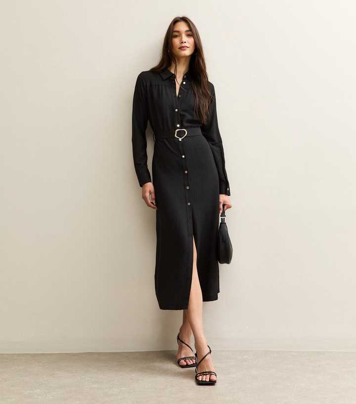 new look black shirt dress Black Long Sleeve Belted Midi Shirt Dress