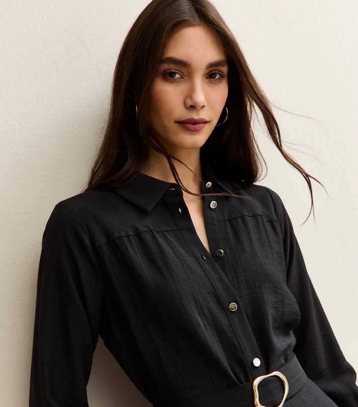 princess polly baby blue dress Black Long Sleeve Belted Midi Shirt Dress