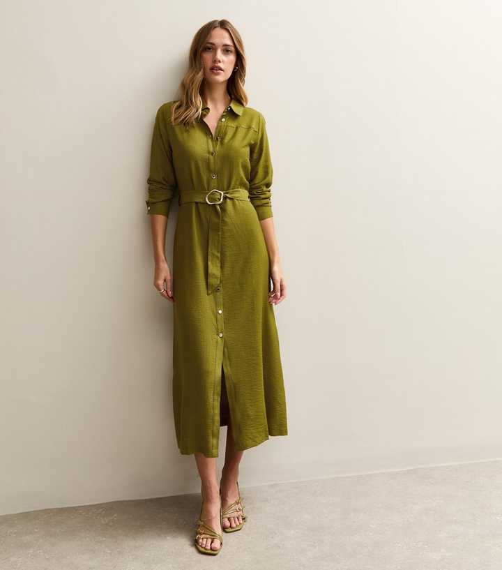 Light Khaki Long Sleeve Belted Midi Shirt Dress | New Look