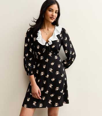 Black Floral Print Frill Neck Mini Dress
