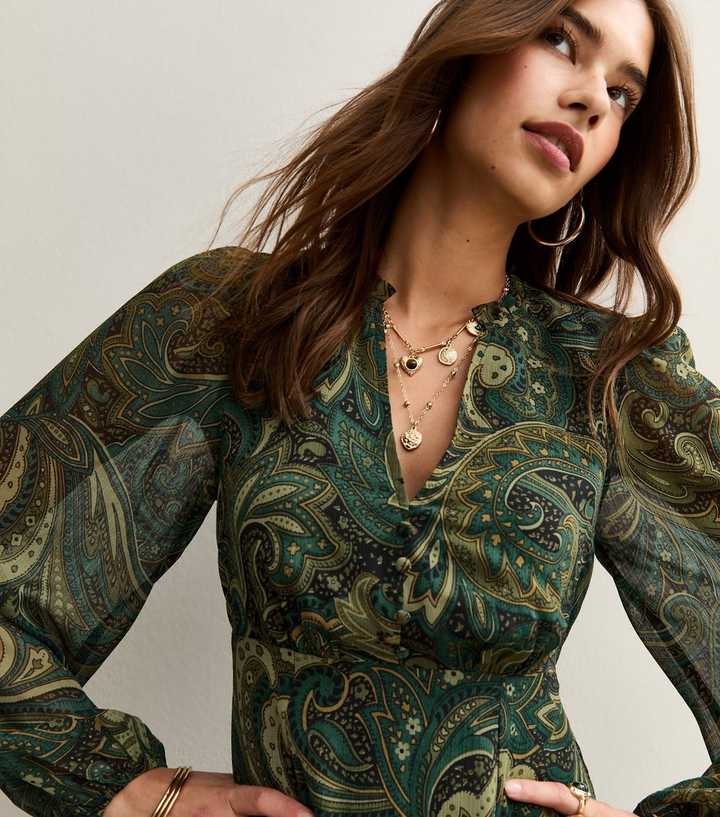 slim fit dress slacks Green Paisley Printed Short Sleeve Belted Midi Dress  AX Paris