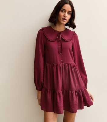 Dark Burgundy Collared Long Sleeve Mini Dress