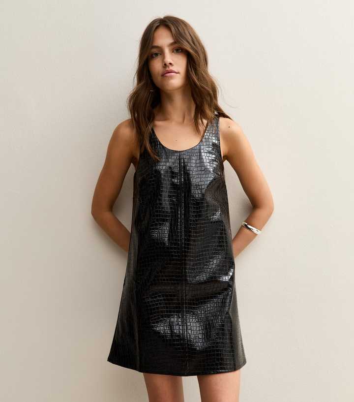Black Crocodile Effect Faux Leather Dress | New Look