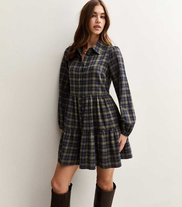 Green Check Print Tiered Smock Mini Dress | New Look Green Check Print Tiered Smock Mini Dress | New Look