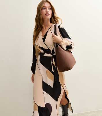 Brown Geometric Print V-Neck Wrap Midi Dress