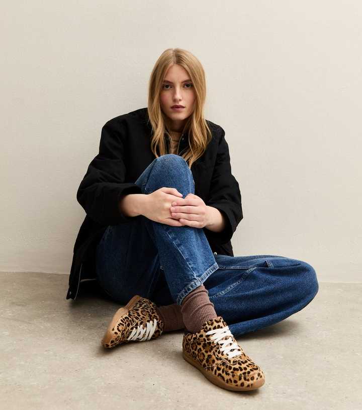Premium Stone Leopard Print Leather Trainers