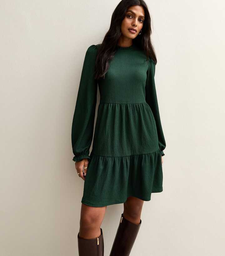 Dark Green Smocked Tiered Mini Dress