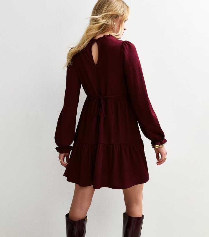 Burgundy Smocked Tiered Mini Dress | New Look