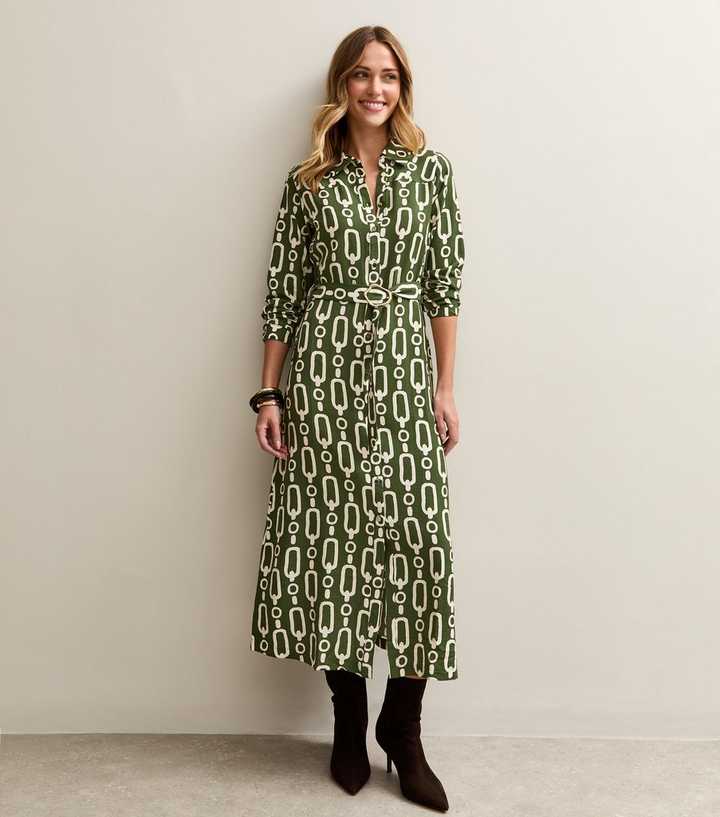 Green Graphic Print Midi Shirt Dress