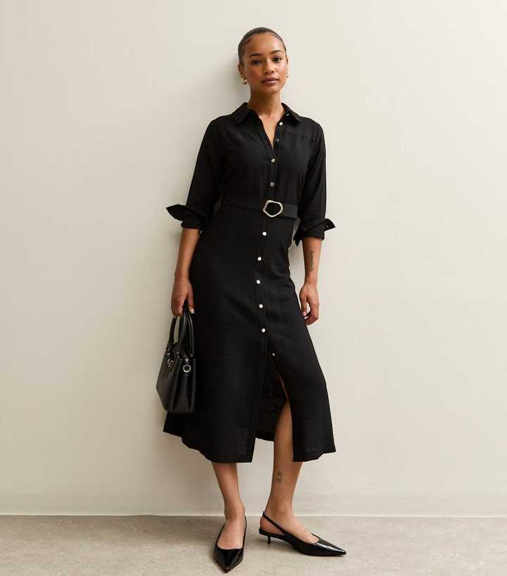 Petite Black Long Sleeve Midi Belted Shirt Dress New Look