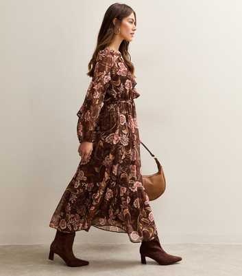 Petite Brown Floral Chiffon Ruffle Trim Midi Dress
