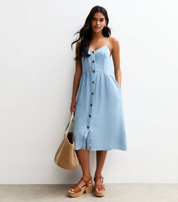Sunshine Soul Light Blue Chambray Button Front Cami Midi Dress | New Look