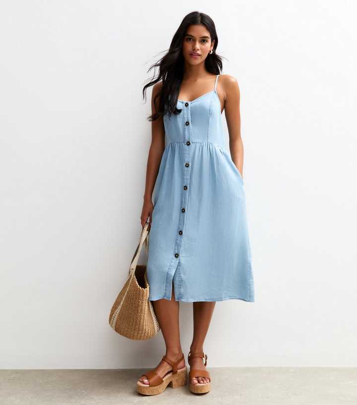 Sunshine Soul Light Blue Chambray Button Front Cami Midi Dress