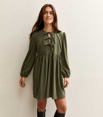 Petite Khaki Tie Front Corduroy Smock Mini Dress