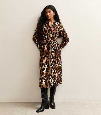 Petite Brown Animal Print Belted Shirt Midi Dress
