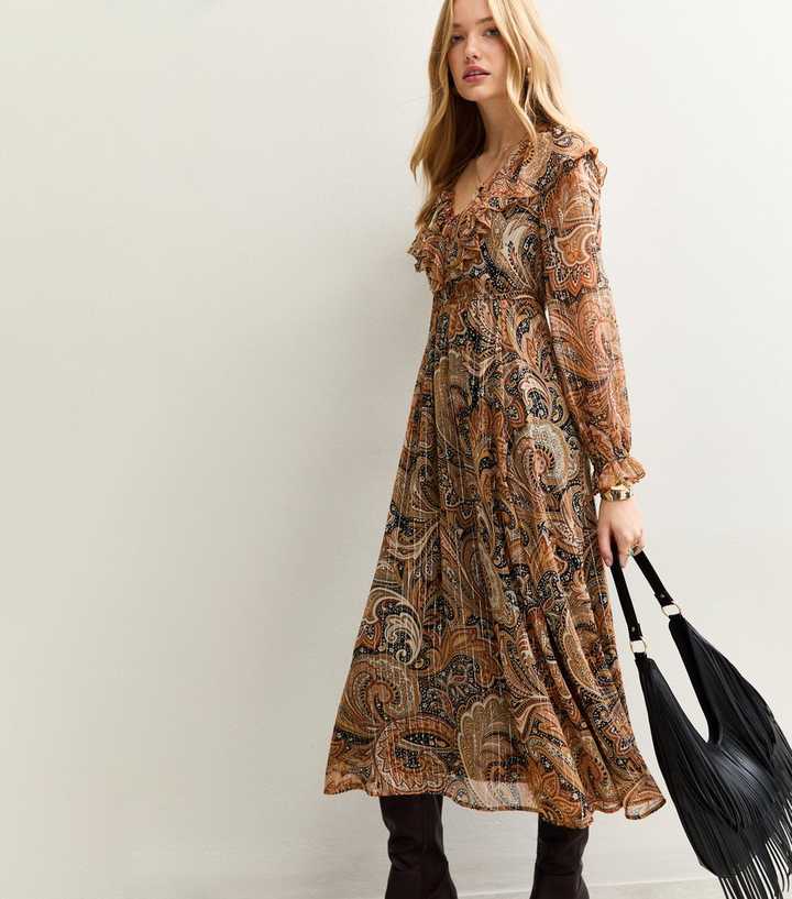Brown Paisley Print Chiffon Long Sleeve Midi Dress