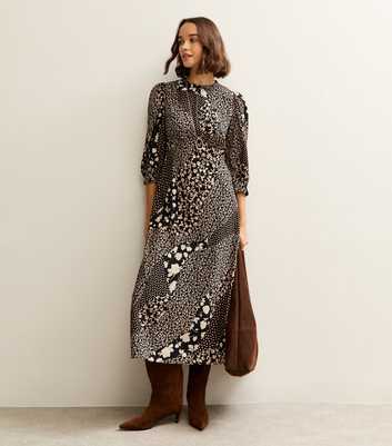 Black Floral Patchwork Print Puff Sleeve Midi Dress