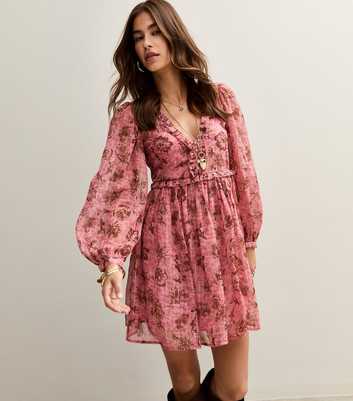 Pink Floral Print Chiffon Long Sleeve Mini Dress