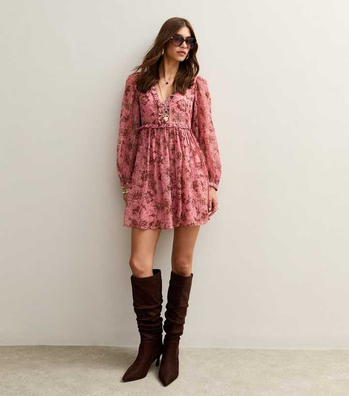 Pink Floral Print Chiffon Long Sleeve Mini Dress | New Look Pink Floral Print Chiffon Long Sleeve Mini Dress | New Look