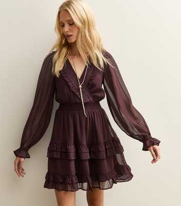 Burgundy Ruffle Trimmed V-Neck Long Sleeve Mini Dress