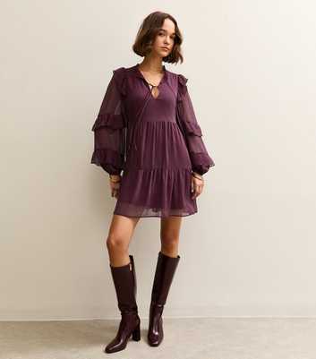 Burgundy Ruffle Trim Chiffon Tiered Mini Dress