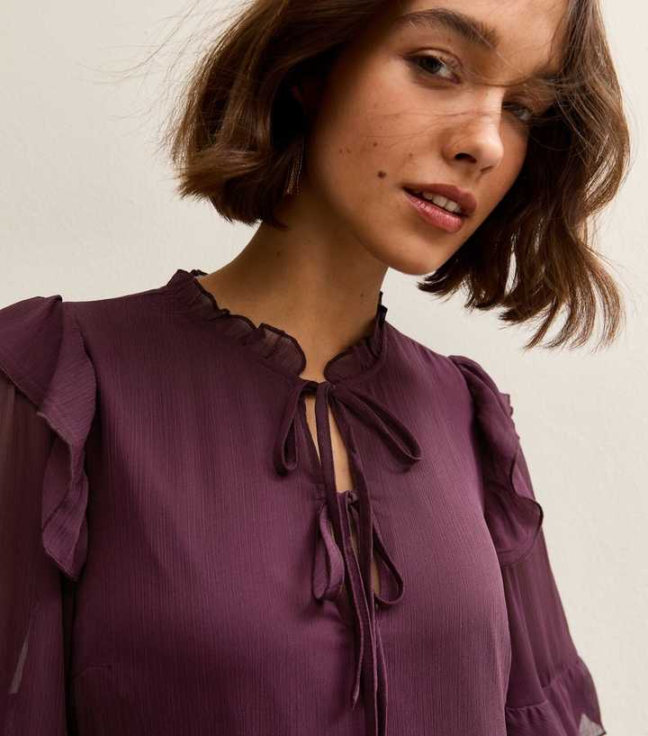 Burgundy Ruffle Trim Chiffon Tiered Mini Dress